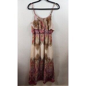 Mod Modele Womens M Red Tan Paisley Sleeveless Boho Midi Dress